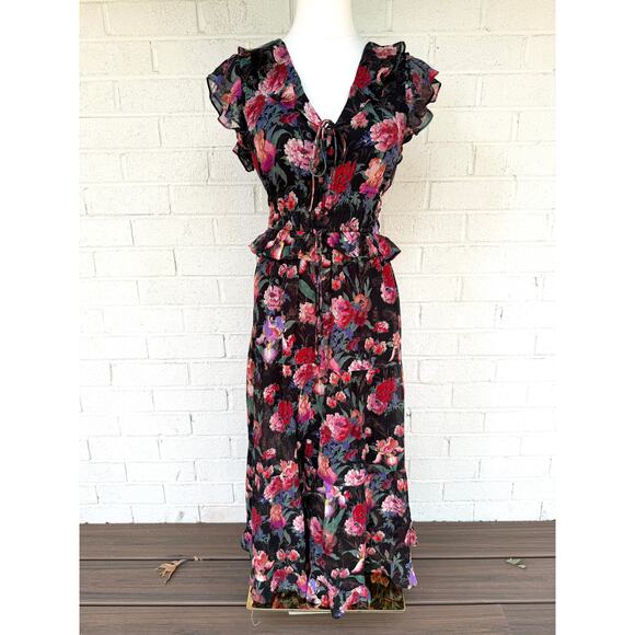 Paige 100% Silk Floral Midi Dress Black Ruffle Sleeve Smocked Waist Boho NWT  XS - Picture 1 of 11